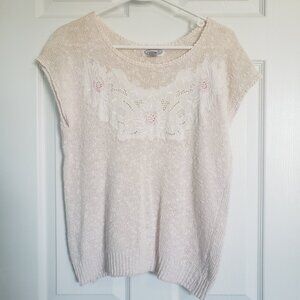 Vintage Parrinello Knit Vest Top Size M Pink Floral Applique Cottagecore Twee